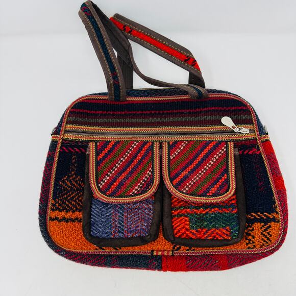 Handmade Multicolor Tweed Shoulder Bag Boho Woven Purse with Front Pockets - Picture 1 of 9